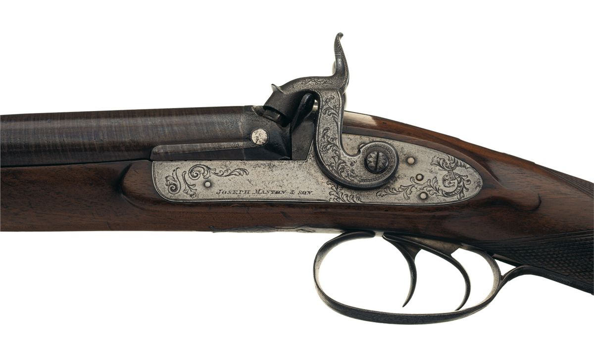Cased Engraved Joseph Manton Double Barrel Percussion Shotgun with