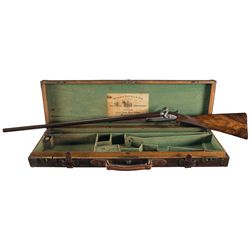 side damascus engraved powell shotgun hammer barrel william son bar case wood