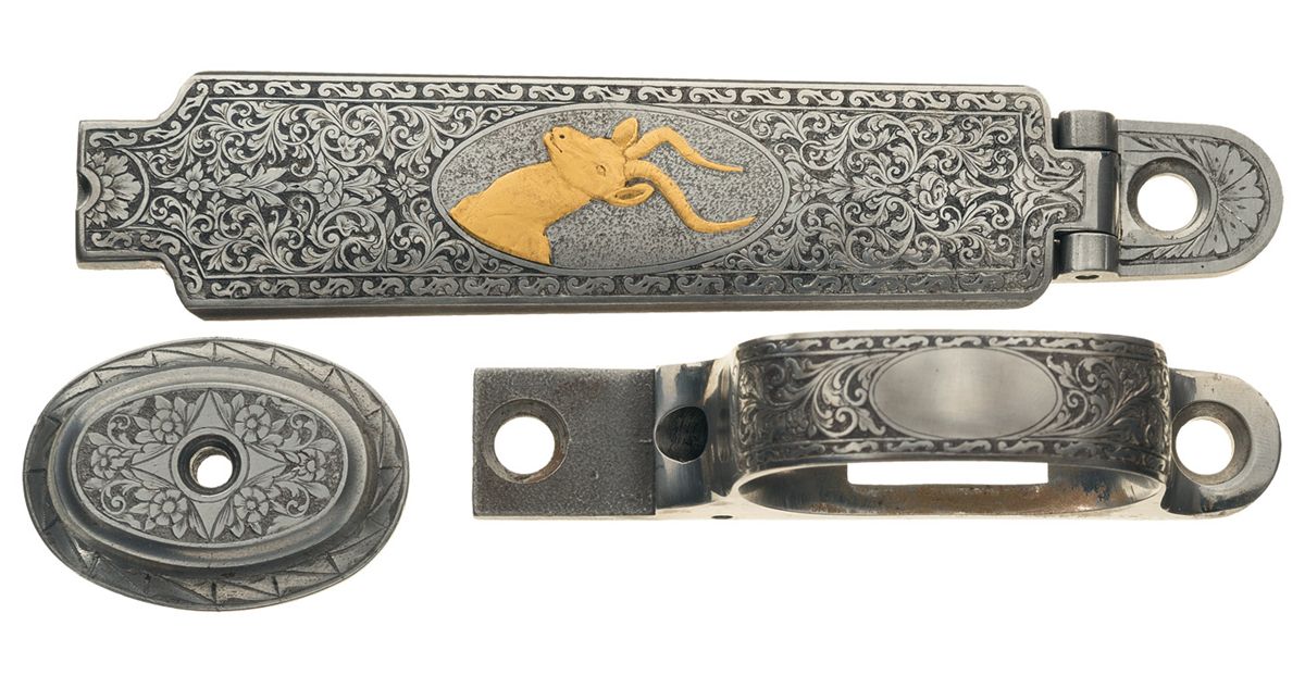 Engraved Trigger Guard Grip Cap and Floor Plate For a Winchester Model