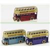 Three Dinky Toys 29c double-deck buses, mid blue, dark blue and claret, grey roofs and "Dunlop Ty...