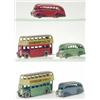 Image 1 : Two Dinky Toys 29c double-deck buses, one red, other green, with grey roofs and "Dunlop Tyres" de...