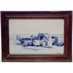A Dutch Delft plaque painted with fisherfolk and boat in blue, inscribed naar Th. Sadee, 7.5ins x...