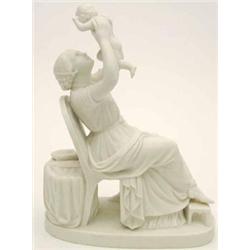 A mid-Victorian Copeland parian figure group, seated mother holding child aloft, impressed mark,...