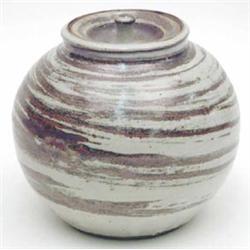 A Leach Pottery, St Ives globular jar and cover by Jo Wesson streaked with brown oxide effects ag...
