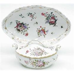 A Dresden oval sauce tureen, cover and stand painted with flower sprays, crossed swords mark, sta...