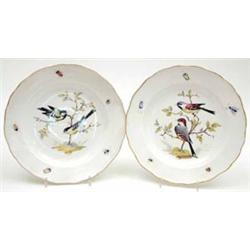 A pair of 19th century Meissen wall plates 'outside decorated' with birds and floral sprigs in br...