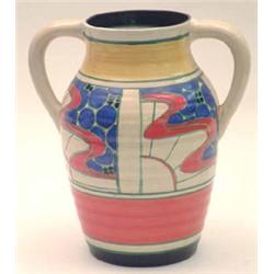 A Clarice Cliff Sunrise pattern 2-handle lotus jug, 9.75ins (see illustration) £1000-1500...