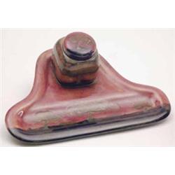 A Moorcroft Hazeldene pattern inkstand with square inkwell and cover on stand with depression for...