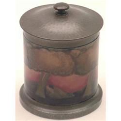 A Moorcroft Hazeldene pattern cylindrical tobacco jar with Liberty Tudric pewter mounts and inner...