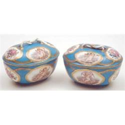 A near pair of 19th century Sevres oval sauce tureens and covers with simple entwined handles and...