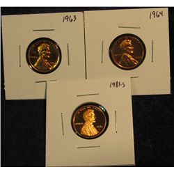 411. 1963 P, 64 P, & 81 S Proof 65+ Lincoln Cents.