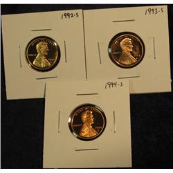 412. 1992 S, 93 S, & 94 S Proof 65+ Lincoln Cents.