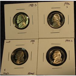 420. 1981 S, 92 S, 93 S, & 94 S Proof 65+ Jefferson Nickels.