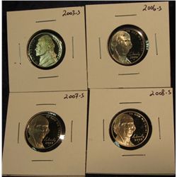 423. 2003 S, 06 S, 07 S, & 08 S Proof 65+ Jefferson Nickels.