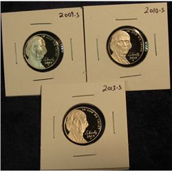 424. 2009 S, 2010 S, & 2013 S Proof 65+ Jefferson Nickels.