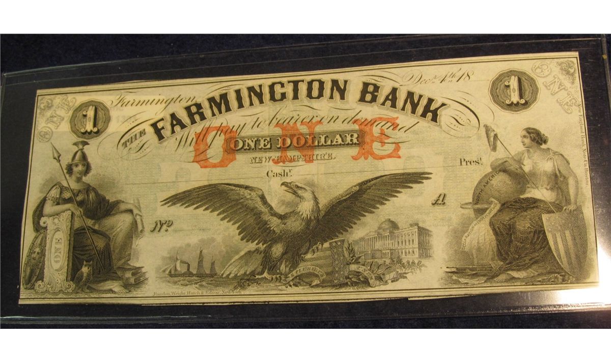 1301. 1840-1850's $1 Farmington Bank Broken Bank note. CU.