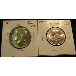 656. 1967 P Toned BU Silver Kennedy Half Dollar & 1999 D Scarce Susan B. Anthony Dollar. BU.