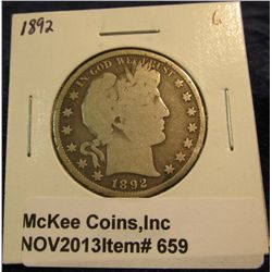 659. 1892 P U.S. Barber Half Dollar. G-4.