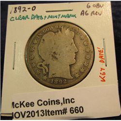 660. 1892 O U.S. Barber Half Dollar. G/AG.