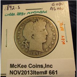 661. 1892 S U.S. Barber Half Dollar.G/AG.