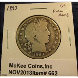 662. 1893 P U.S. Barber Half Dollar. G+.