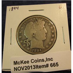 665. 1894 P U.S. Barber Half Dollar. G-4.