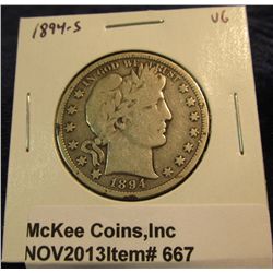667. 1894 S U.S. Barber Half Dollar. VG-8.