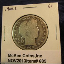 685. 1900 S U.S. Barber Half Dollar. G+.