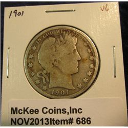 686. 1901 P U.S. Barber Half Dollar. VG-8.