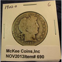690. 1902 O U.S. Barber Half Dollar. G-4.