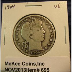 695. 1904 P U.S. Barber Half Dollar. VG-8.