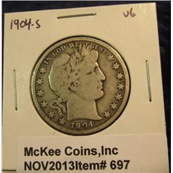 697. 1904 S U.S. Barber Half Dollar. VG-8.