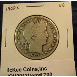 700. 1905 S U.S. Barber Half Dollar. VG-8.
