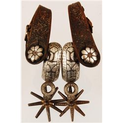 Mexican Chihuahua Silver Inlaid Spurs Circa 1930s