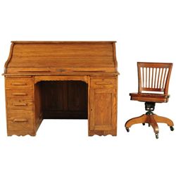 Oak Roll Top Desk With Chair