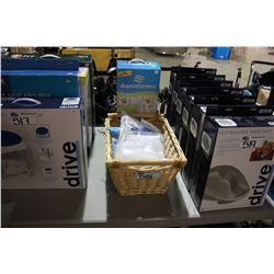 BASKET OF MEDICAL SUPPLIES AND BATH SAFTEY RAIL