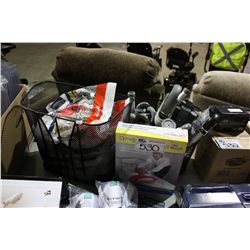 BIN OF HIP PROTECTOR PADS, HEAD WASH STATION AND WALKER PARTS