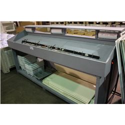 WOOD PRODUCE STAND, MEAT HOOKS AND CONTENTS