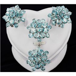 120twc Blue Zircon Sterling Earring Ring Pendant Set (JEW-005135)