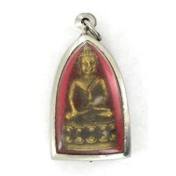 Vintage Thai Bronze Buddha Amulet in Nickel Pendant Case (ANT-001211)