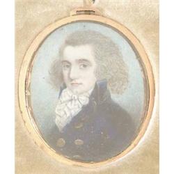 Nineteenth century English School, watercolour on ivory of a young man with ruff collar and blue...