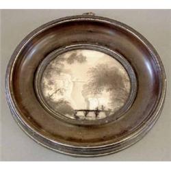 German School, reverse painted glass silhouette and monochrome watercolour, View of a mountain go...