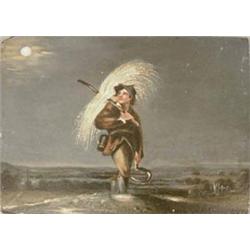 English School, unframed oil on oak panel, Harvester under moonlight, 6ins x 8ins £50-70...