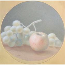 William Henry Hunt (1790-1864) watercolour, Still life of an apple and white grapes, signed tondo...