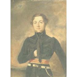 Mid 19th century English School, oil on card, half length portrait of a gentleman wearing a black...