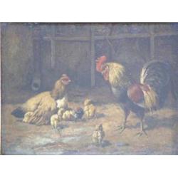 William Baptiste Baird (1847-1917) American, oil on mahogany panel, Rooster, hen and chicks, sign...