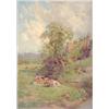 Image 1 : Charles James Adams (1857-1931), unframed oil on canvas, Cattle and farmhouse beside a stream, si...