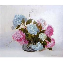 IRMGARD ARVIN (American. 20th Century) "Hydrangeas in Glass Bowl". Signed Irmgard Arvin l/r. Oil...