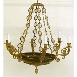 LOUIS XVI STYLE GILT BRONZE AND PATINATED METAL SIX LIGHT CHANDELIER The conical bowl with gilt b...