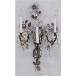 PAIR OF PATINATED METAL AND GLASS THREE LIGHT SCONCES Each backplate of vase form supporting a ce...